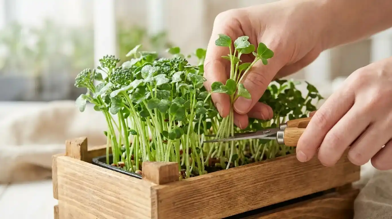 Hands cutting fresh microgreens to order from a wooden tray