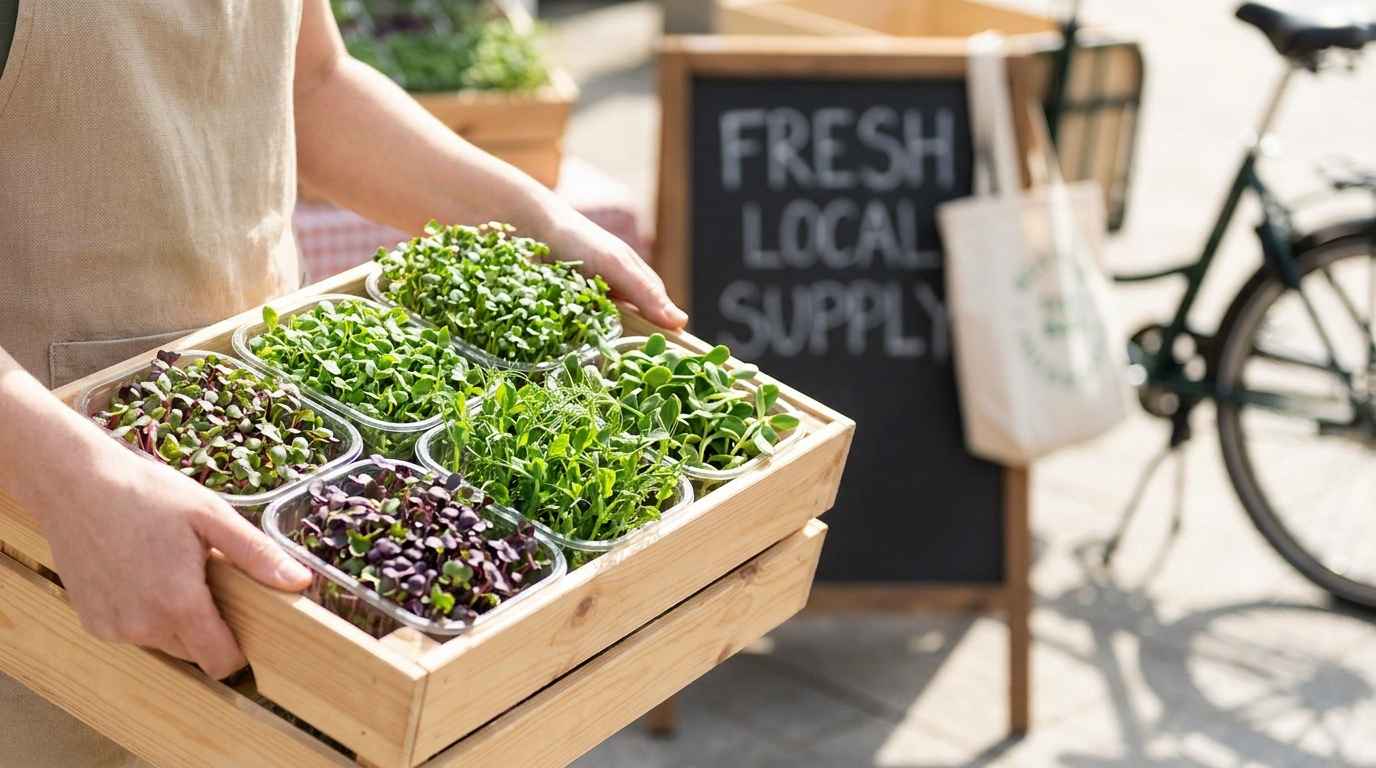 A crate of fresh local microgreens at a market stall