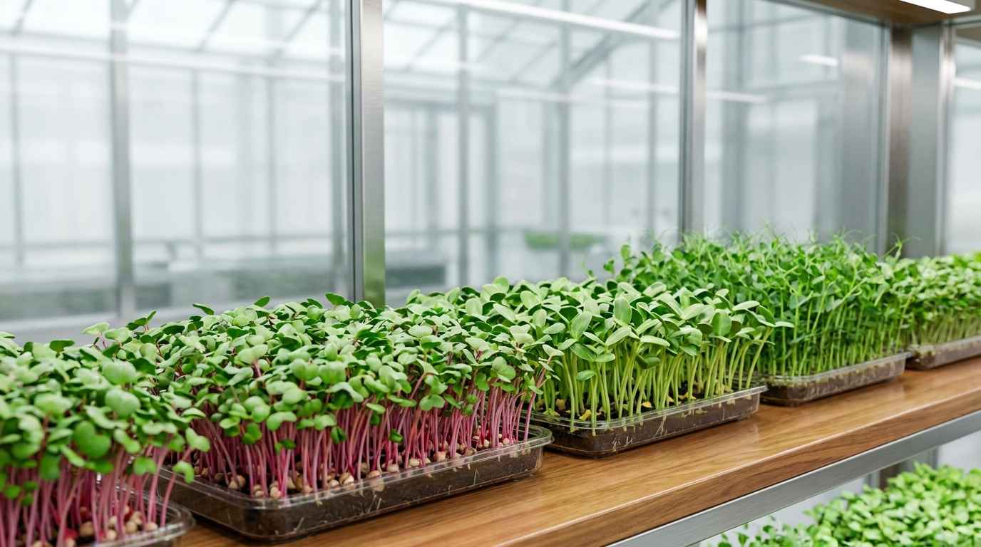 Trays of microgreens growing in a clean greenhouse