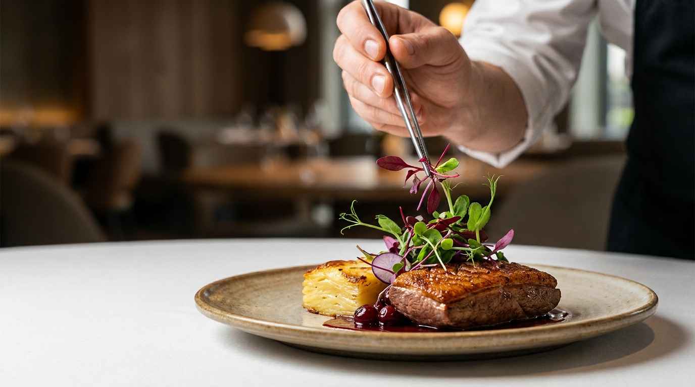 A chef garnishing a plate with fresh microgreens