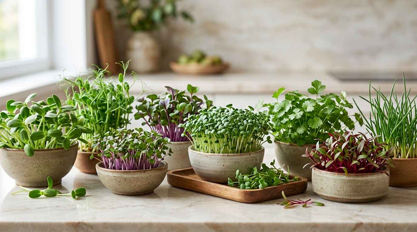 A selection of different microgreens in bowls
